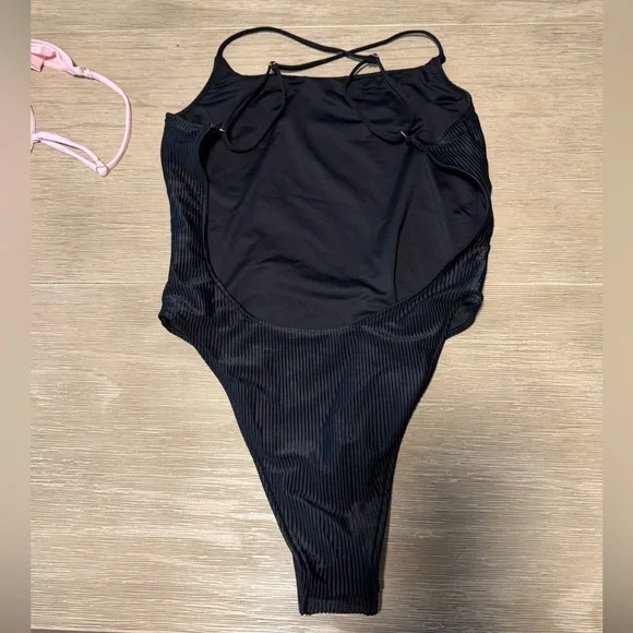 Frankie's Bikinis Black Ribbed Crisscross Back One-Piece Swimsuit - Picture 3 of 6